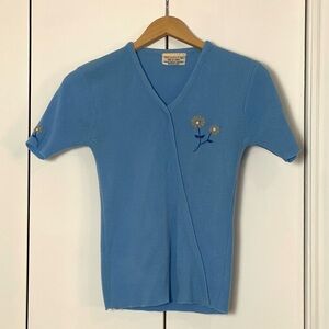 Vintage 50s XS Women’s Korea Blue Flower Wrap Short Sleeve Sweater Embroidered